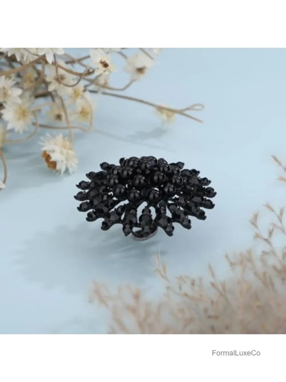 Floral Pearl Rhinestone Statement Cocktail Ring Adjustable
